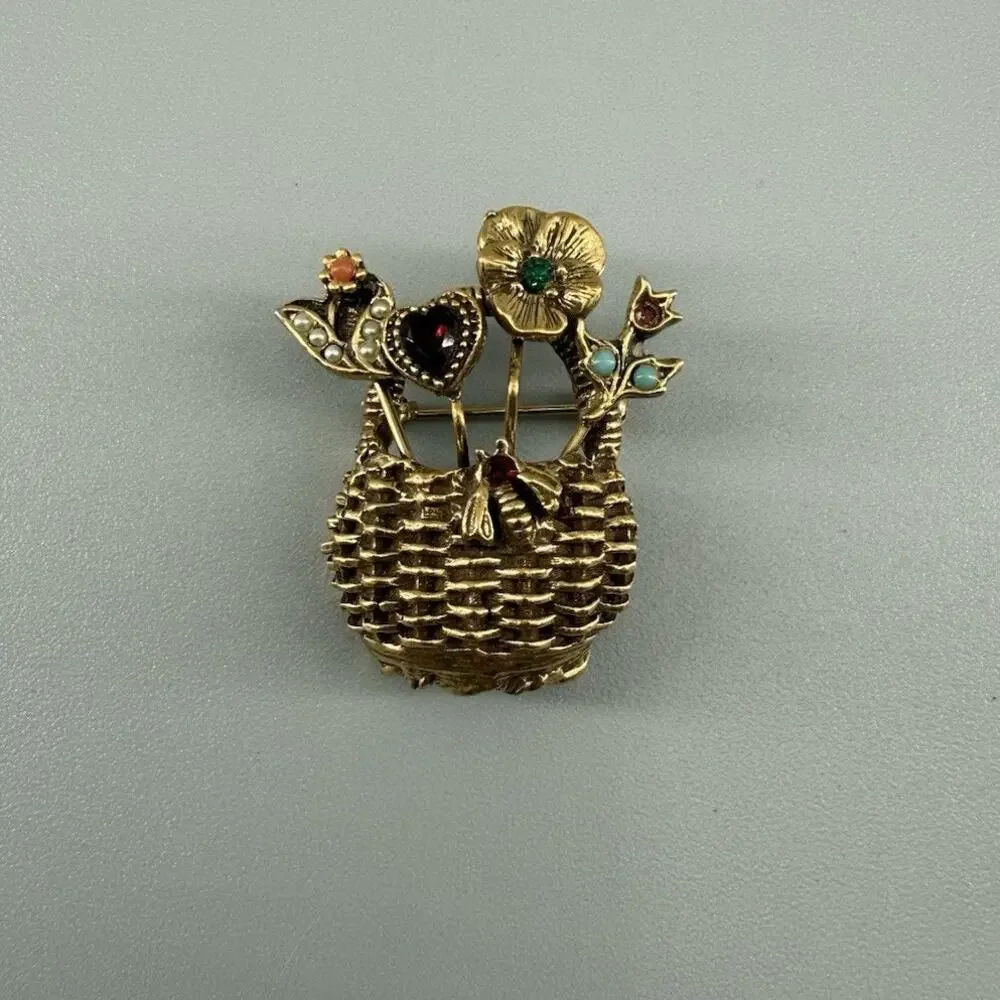 Vintage GOLDETTE Flower Basket Brooch Gold Tone Multi Colored Stones Signed